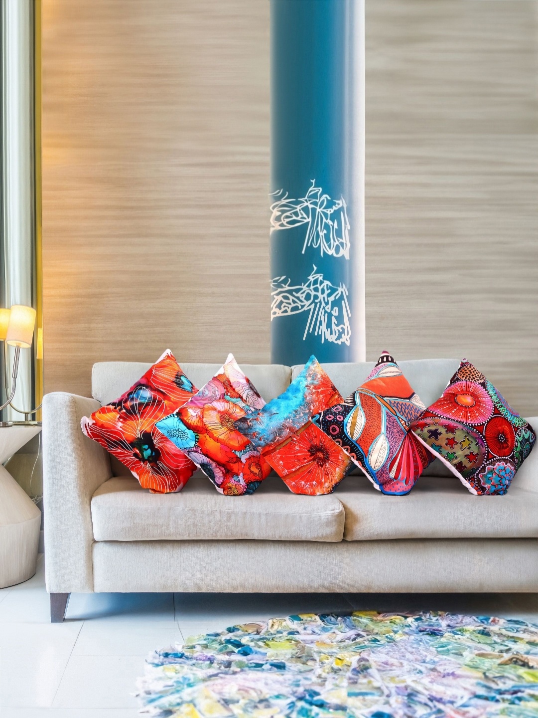 

Vendola Blue & Orange 5 Pieces Floral Satin Square Cushion Covers