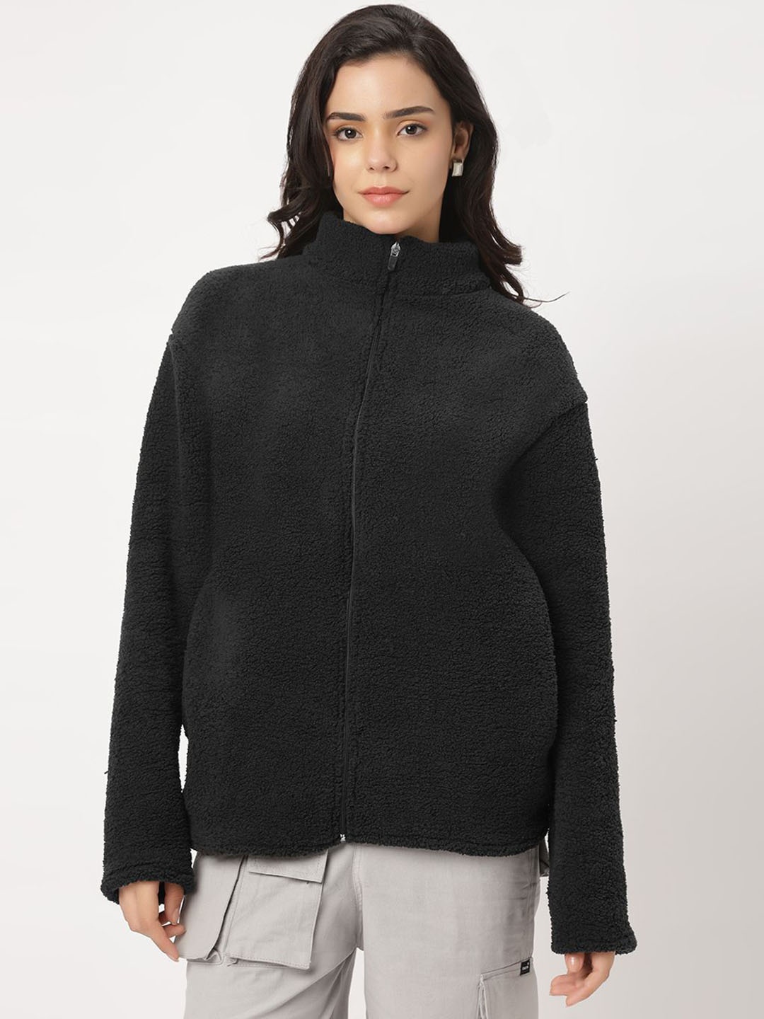 

Be Savage Women Solid Fleece Windcheater Outdoor Bomber Jacket, Black