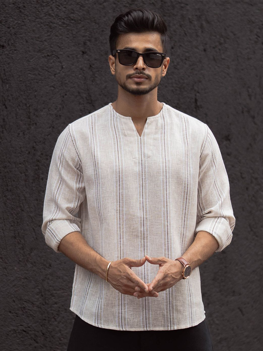 

Powerlook Men Collarless Solid Cotton Casual Shirt, Beige