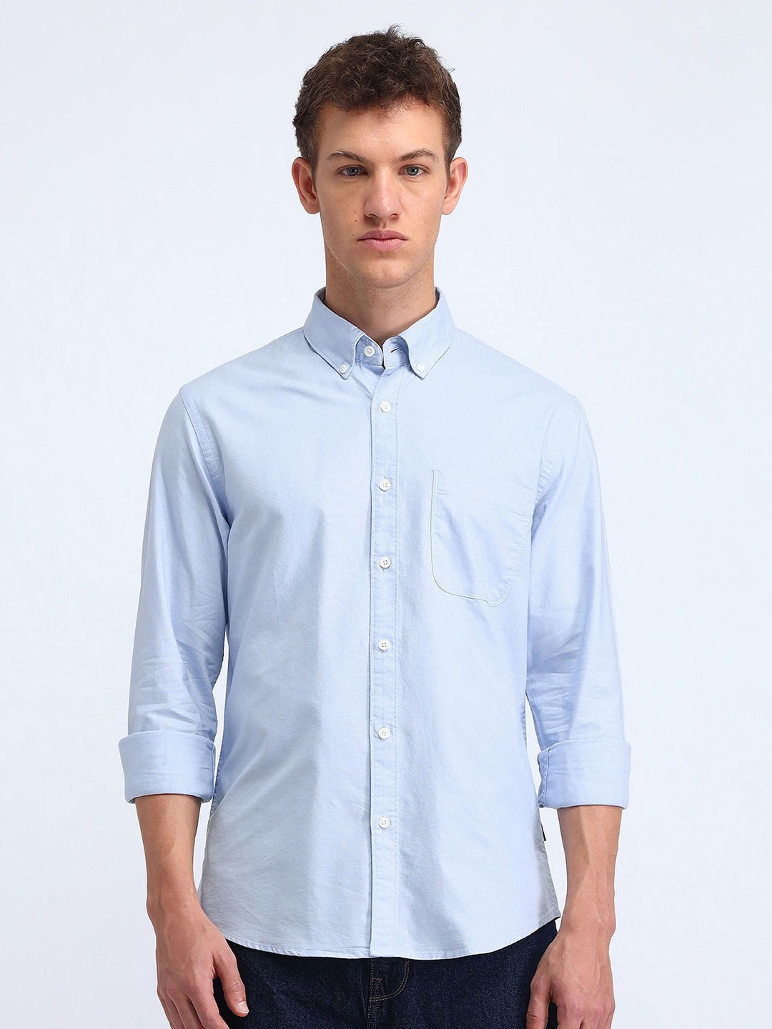 

Flying Machine Men Button-Down Collar Solid Cotton Casual Shirt, Blue