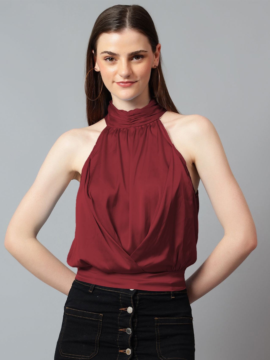 

Kotty Women Solid Halter Neck Satin Top, Maroon