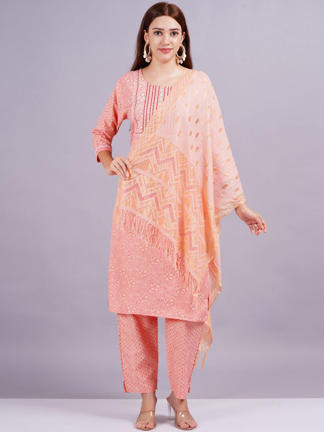 

JC4U Floral Printed Sequinned Round Neck Kurta with Trouser & Dupatta, Peach