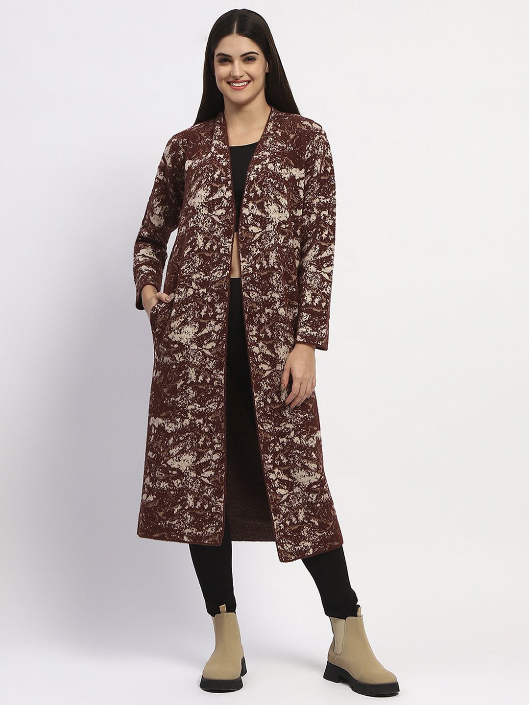 

Madame Women Printed Longline Tie-Up Shrug, Brown