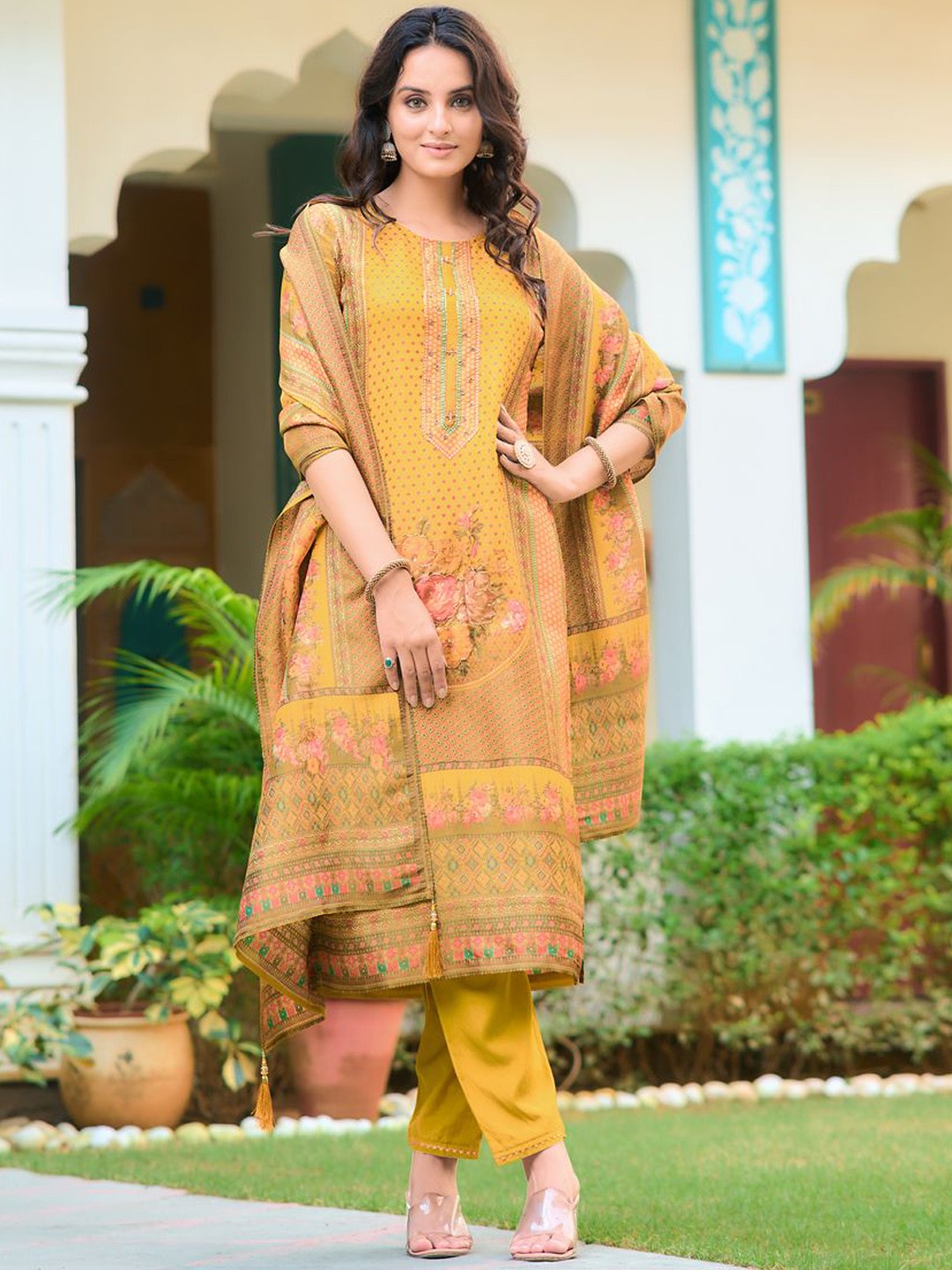 

KALINI Floral Printed Regular Pure Silk Kurta With Trouser With Dupatta, Yellow