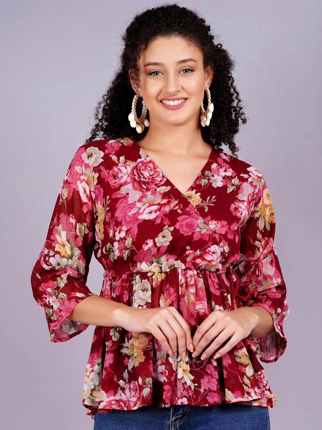 

KALINI Women Floral Printed V-Neck Top, Maroon