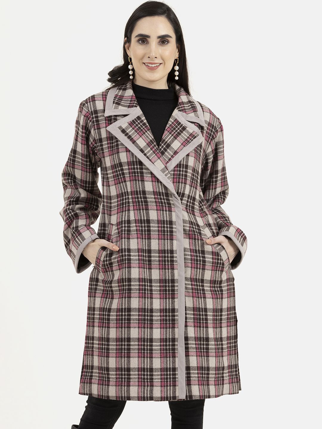 

Owncraft Women Checked Double Breasted Wool Trench Coat, Pink