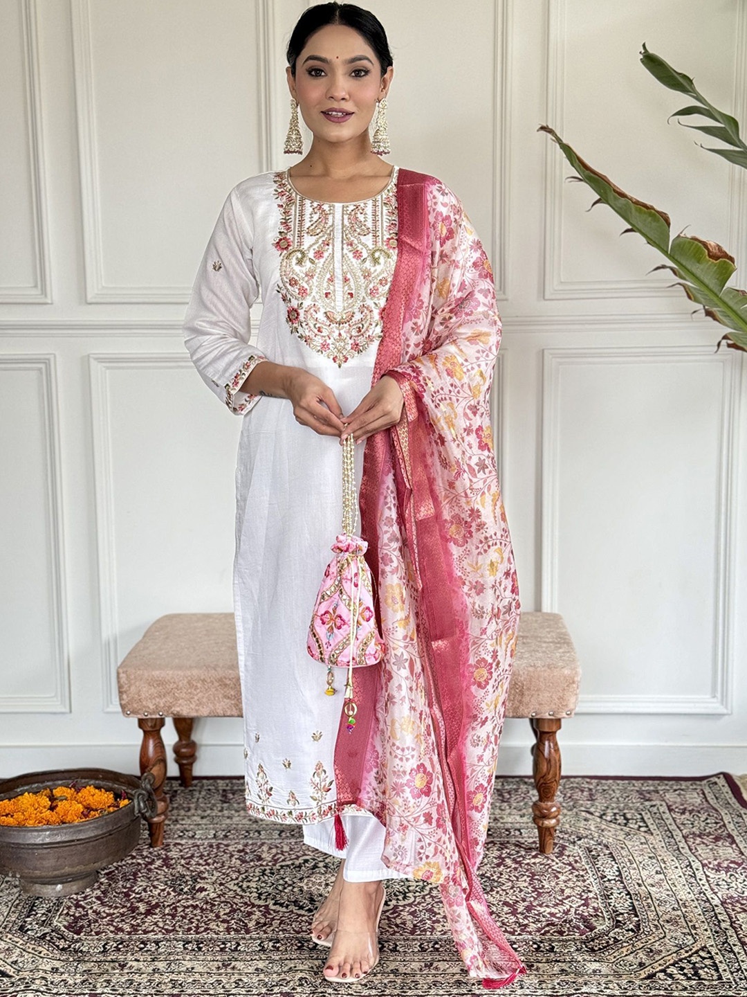 

KALINI Floral Embroidered Regular Chanderi Silk Kurta With Trousers With Dupatta, Red