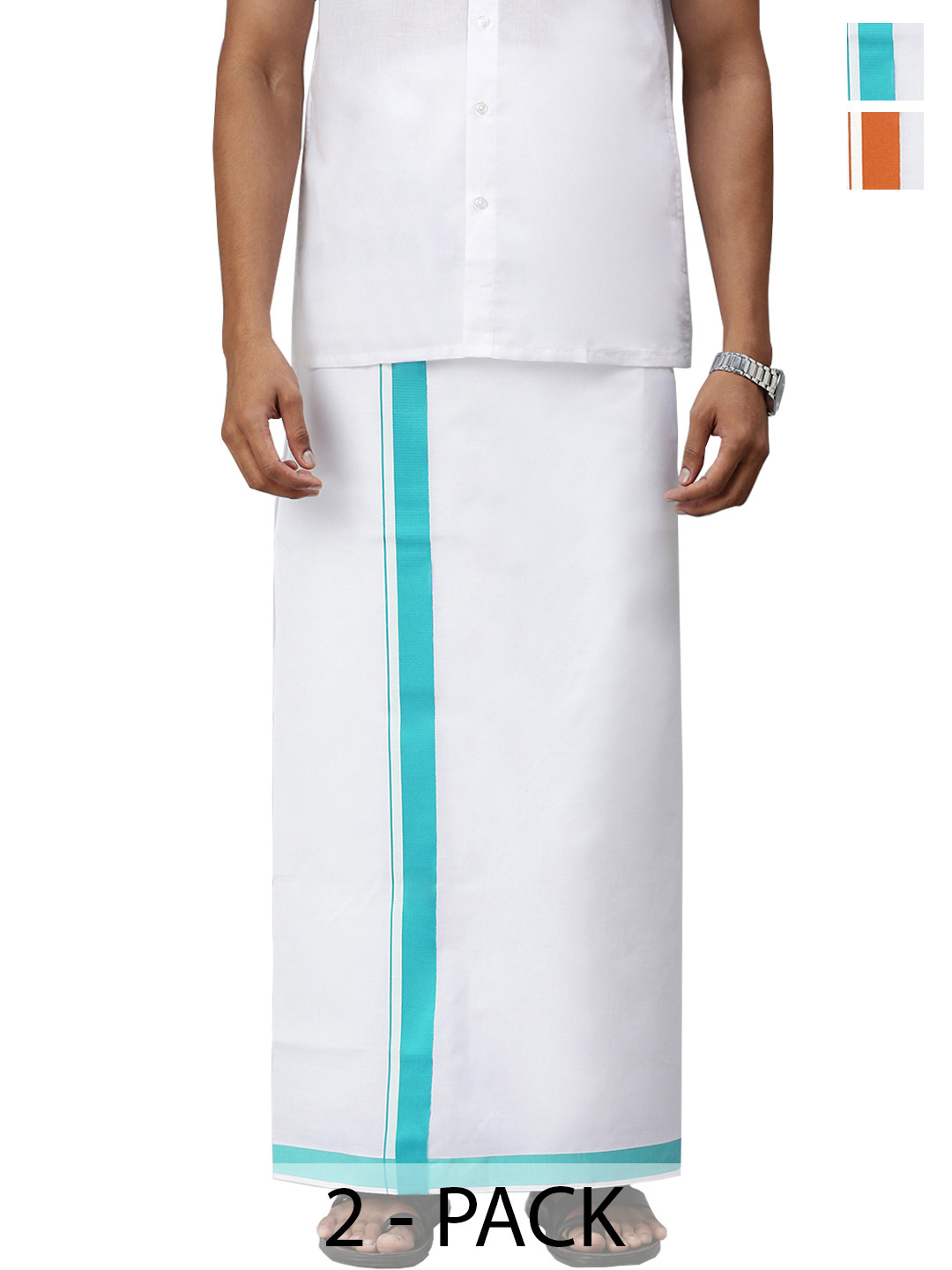 

Ramraj Pack of 2 Men Solid Border Dhoti, White