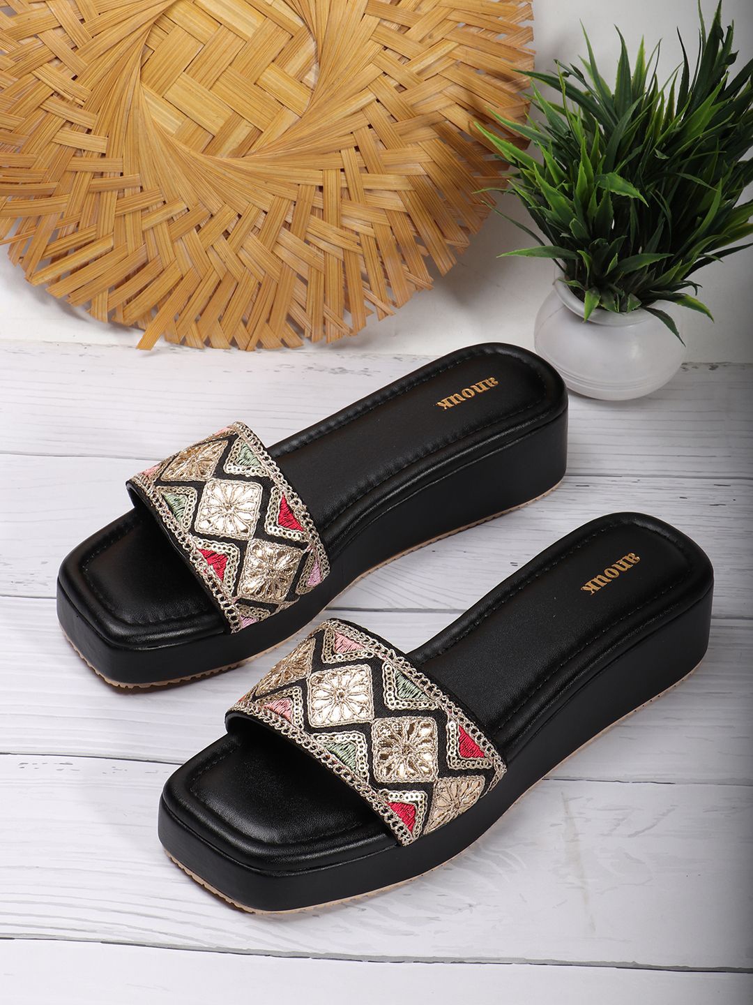 

Anouk Embellished Ethnic Wedge Sandals, Black