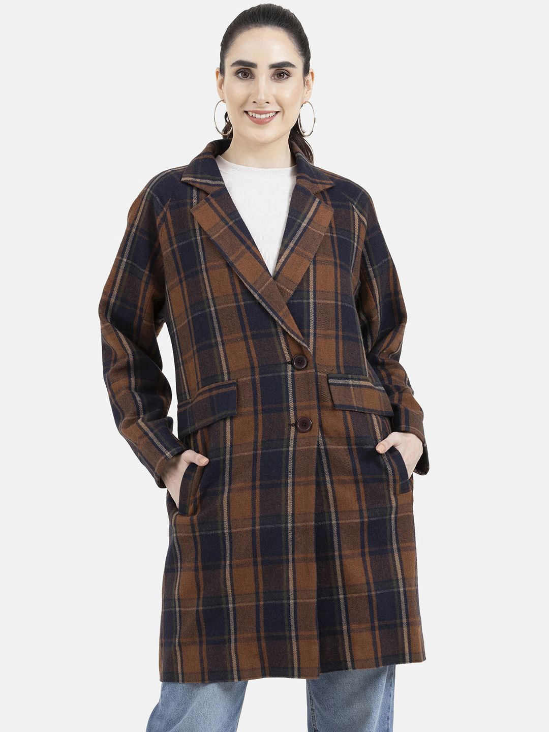 

Owncraft Women Checked Double Breasted Wool Trench Coat, Orange