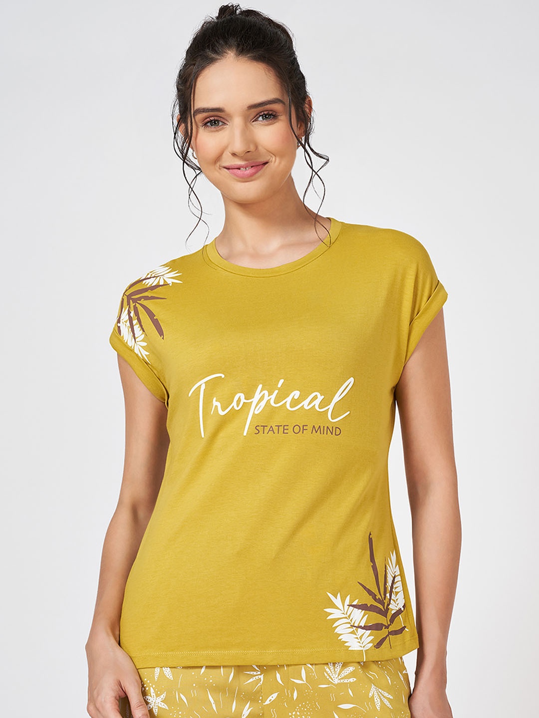 

Dreamz by Pantaloons Women Printed Pure Cotton Lounge T-shirt, Mustard