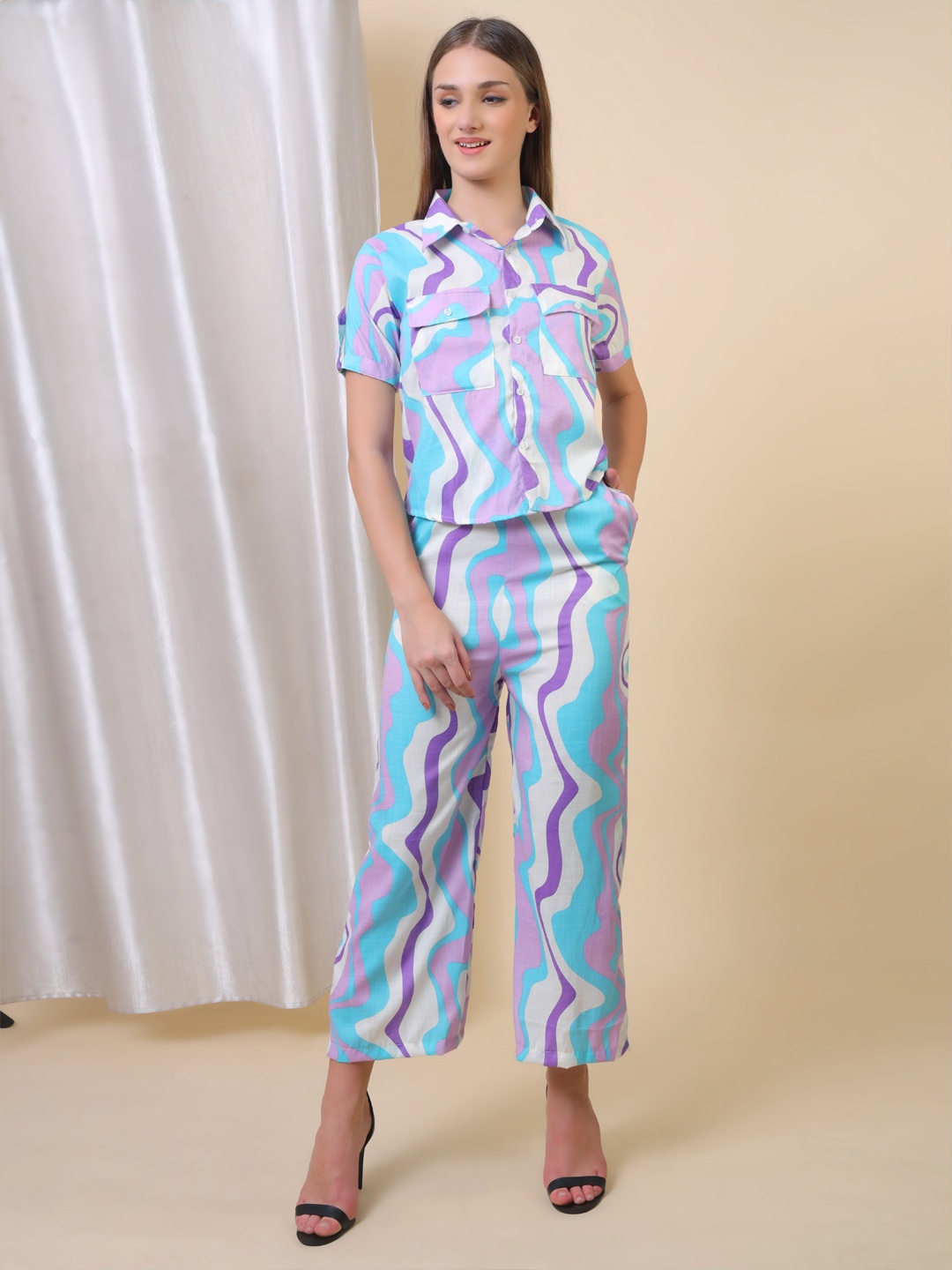 

Softwrap Women Printed Shirt & Trousers Co-ords Set, Purple