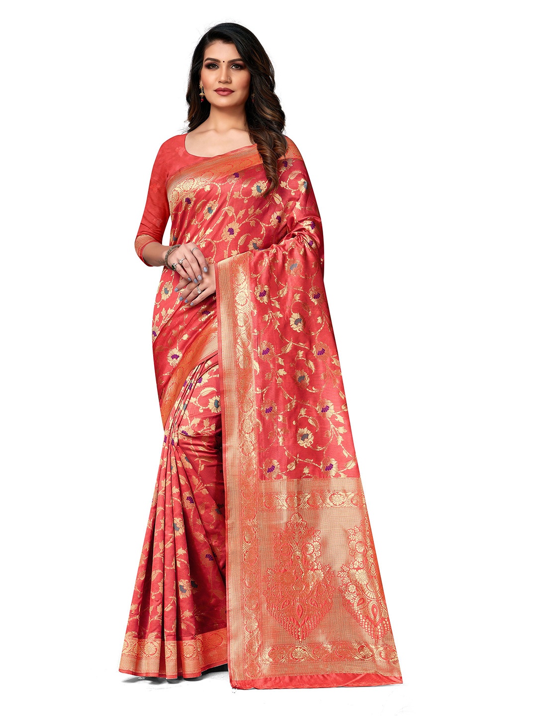 

Maroosh Floral Woven Design Zari Banarasi Saree, Red