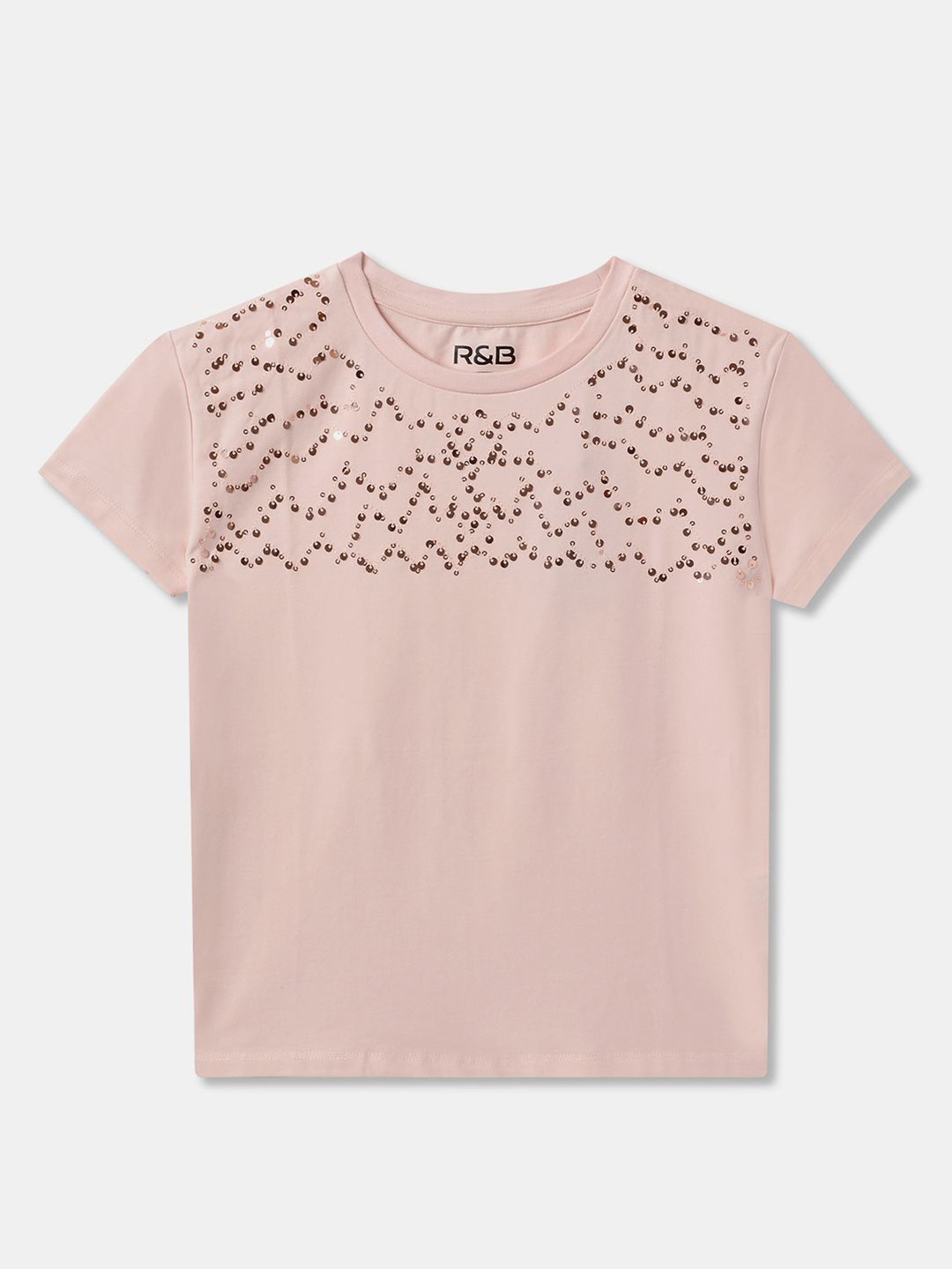 

R&B Women Solid Embellished Round Neck Cotton T-shirt, Peach