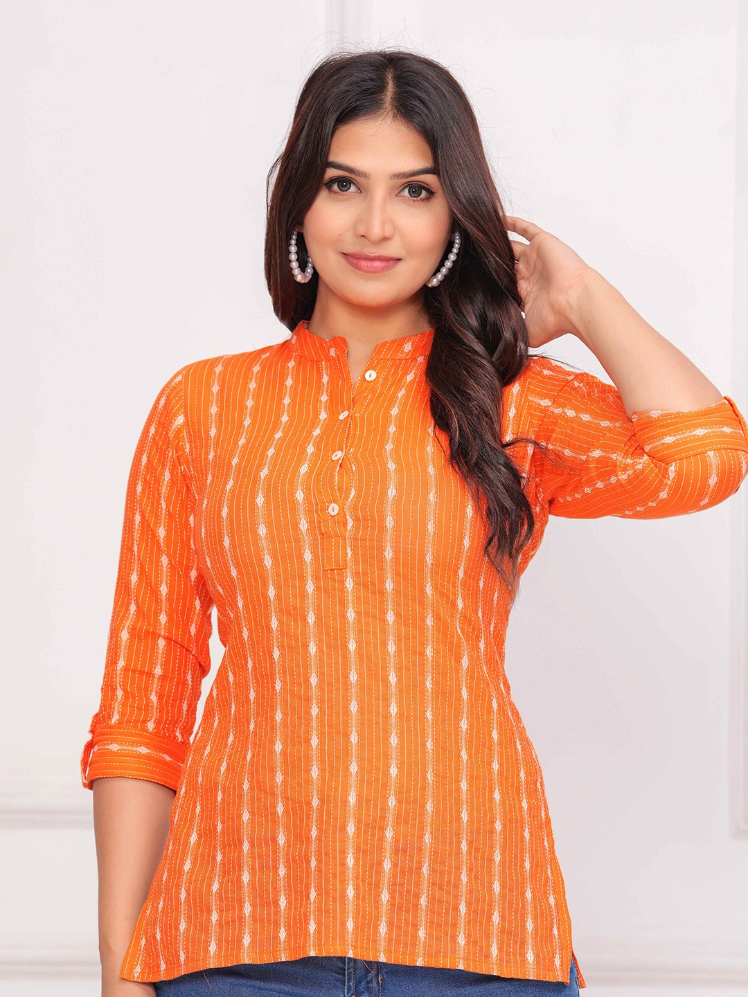 

BAESD Women Striped Mandarin Collar Kurtas, Orange