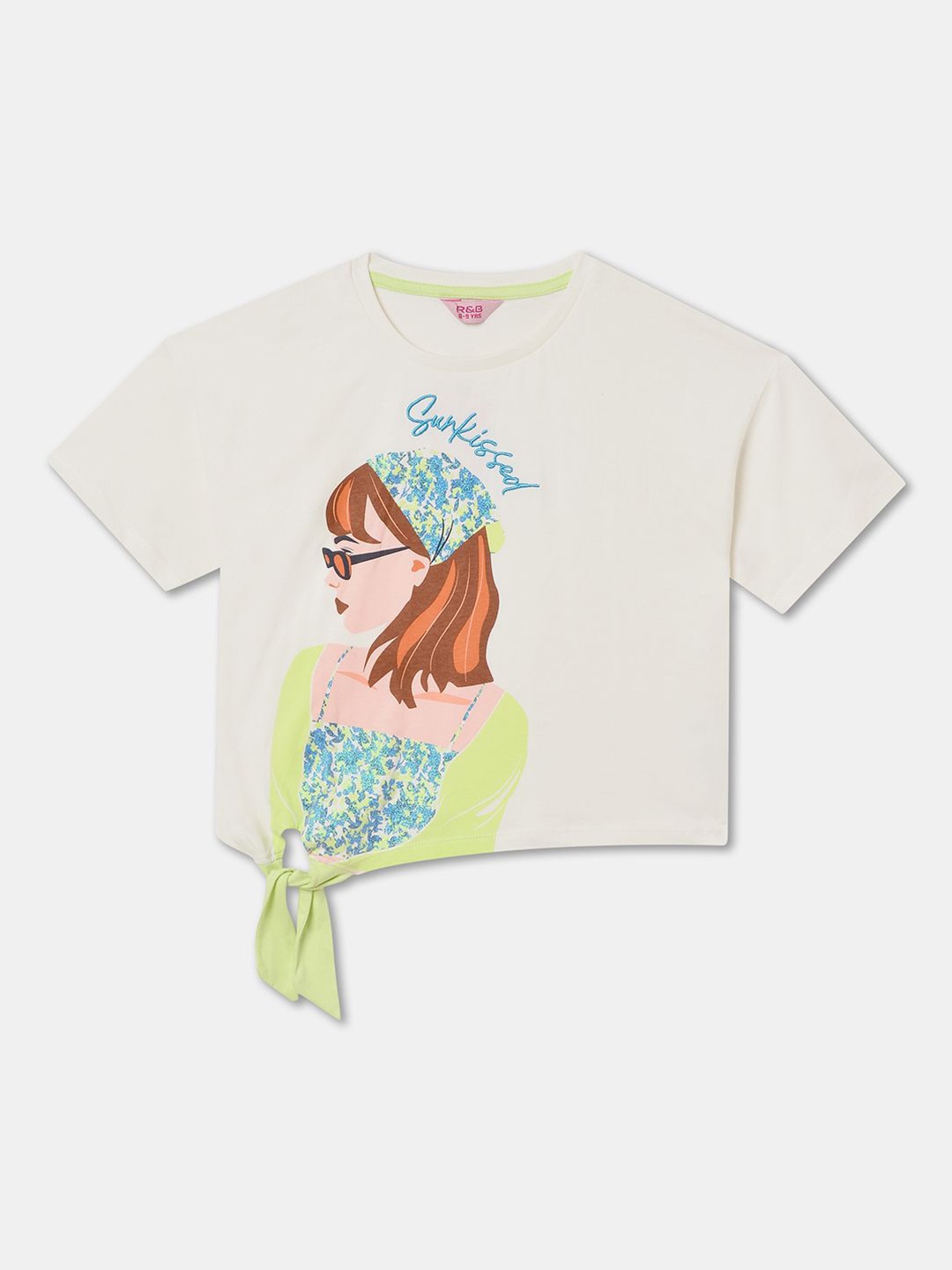 

R&B Girls Graphic Printed Round Neck Cotton Top, White