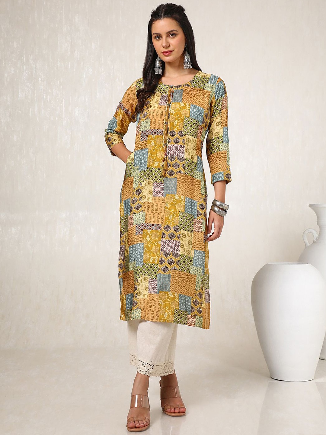 

Soch Women Ethnic Motifs Round Neck Printed Kurta, Mustard