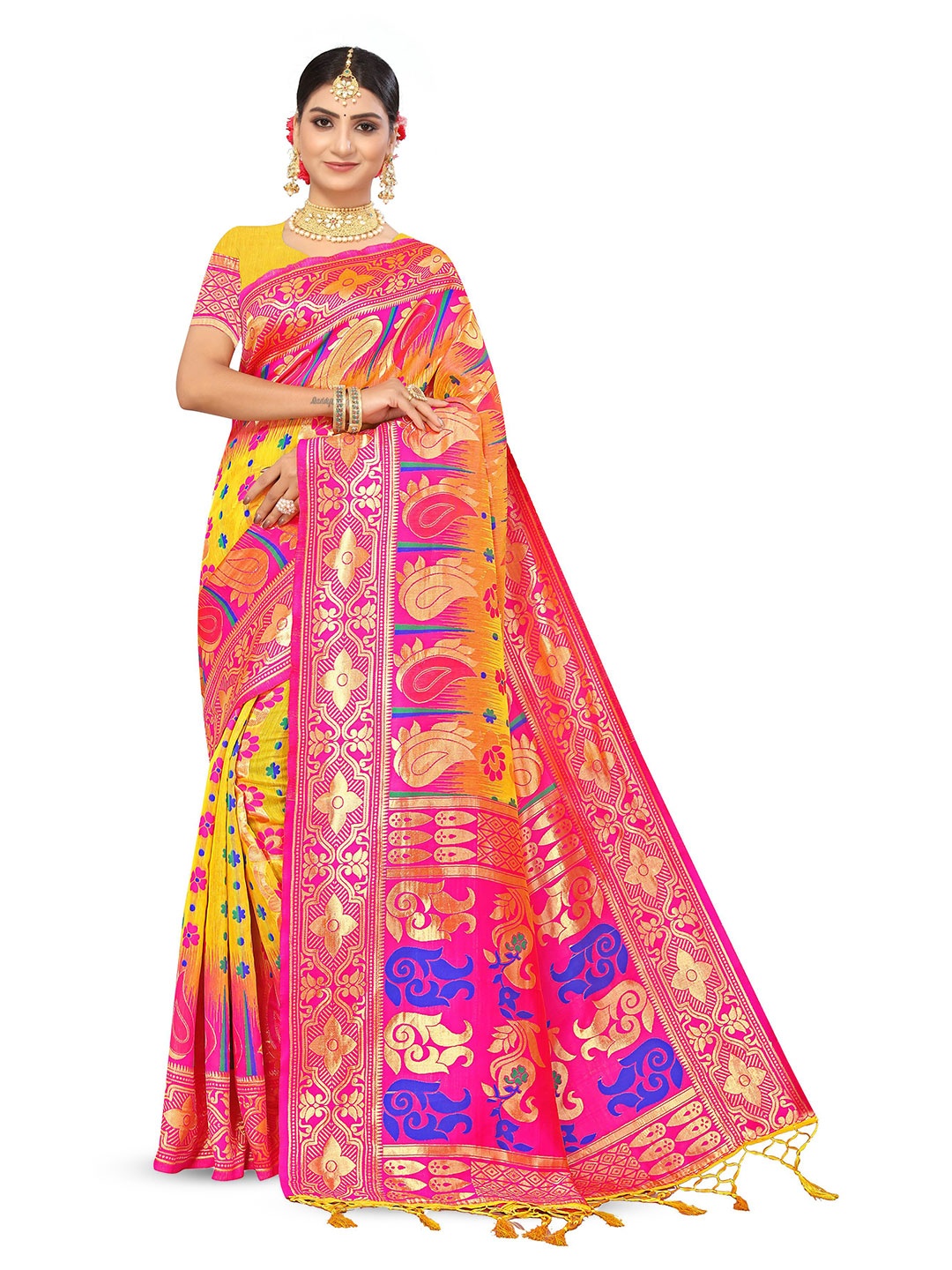 

Maroosh Woven Design Zari Banarasi Saree, Yellow