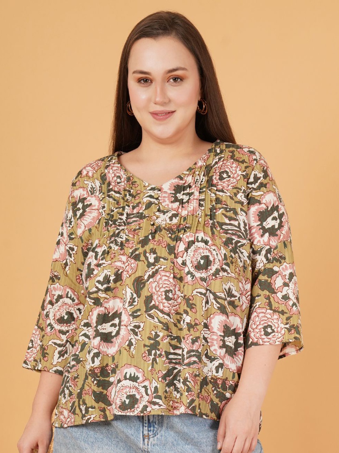 

Sztori Women Floral Printed V-Neck Cotton Plus Size Top, Green