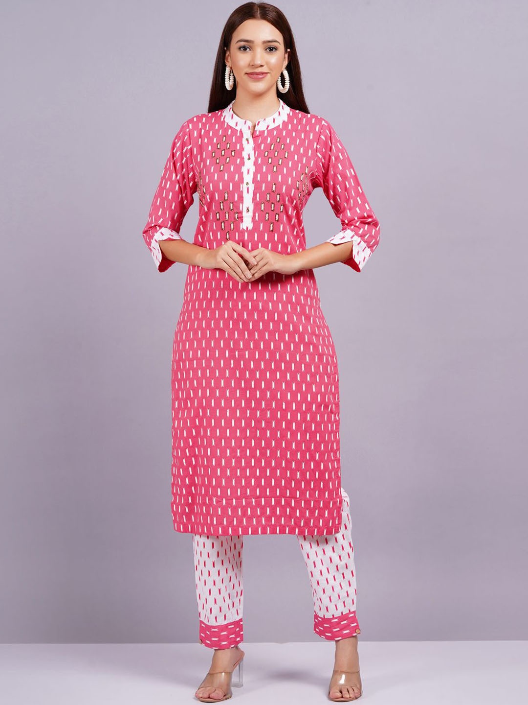 

JC4U Ethnic Motifs Printed Mandarin Collar Pure Cotton Kurta with Trouser & Dupatta, Pink