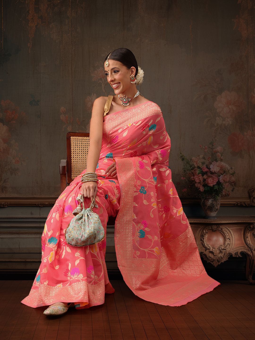 

Silk Land Ethnic Motifs Zari Pure Cotton Saree, Pink
