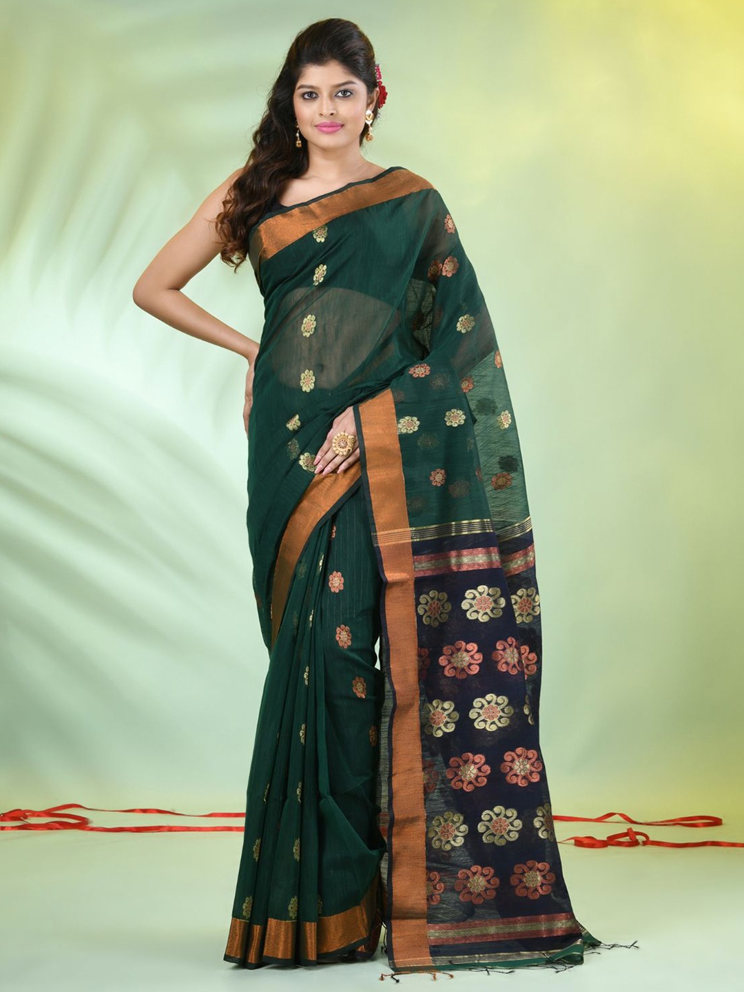 

Charukriti Woven Design Ethnic Motifs Zari Saree, Green