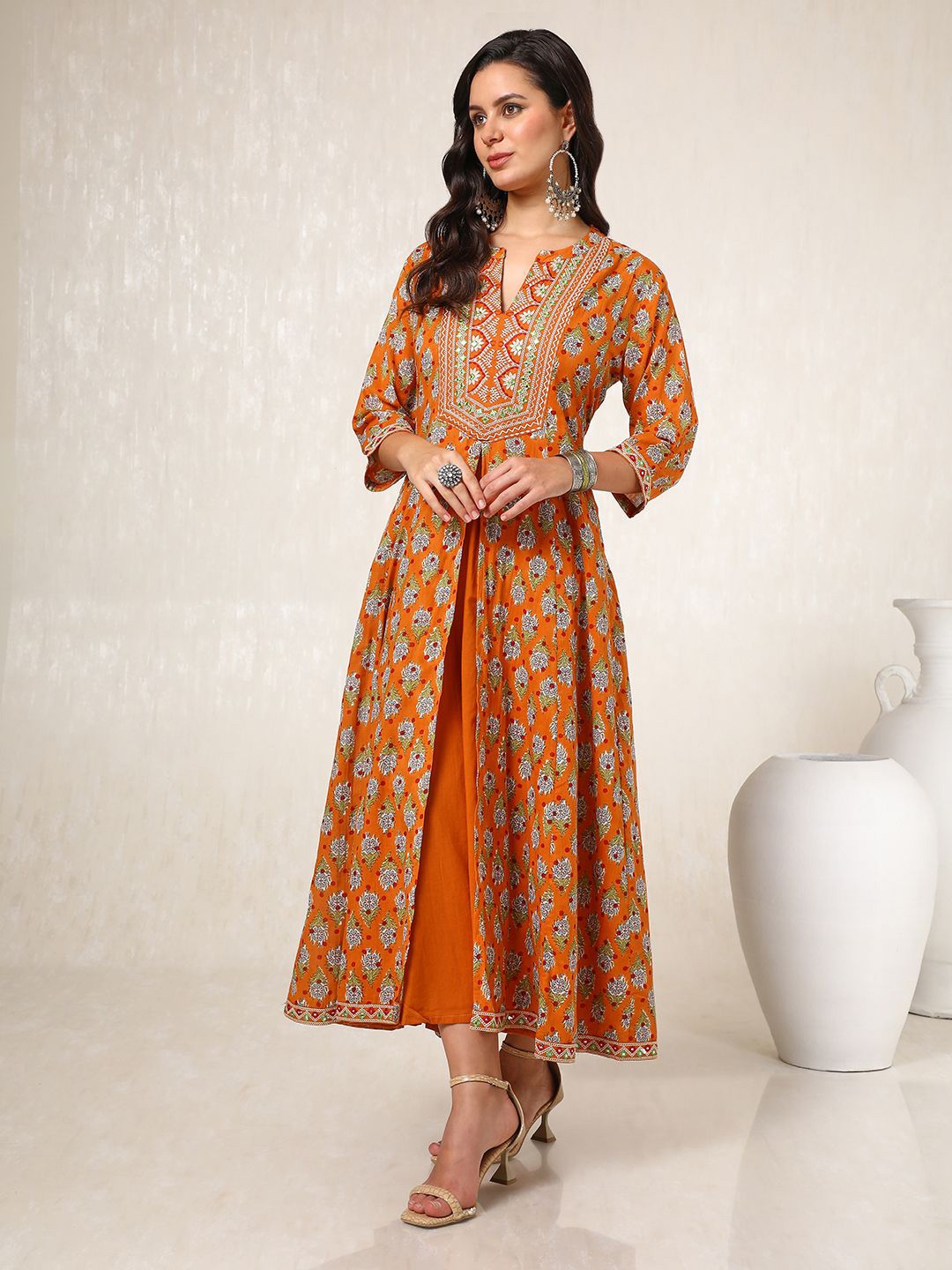 

Soch Women Ethnic Motifs Printed A-Line Maxi Cotton Dress, Orange