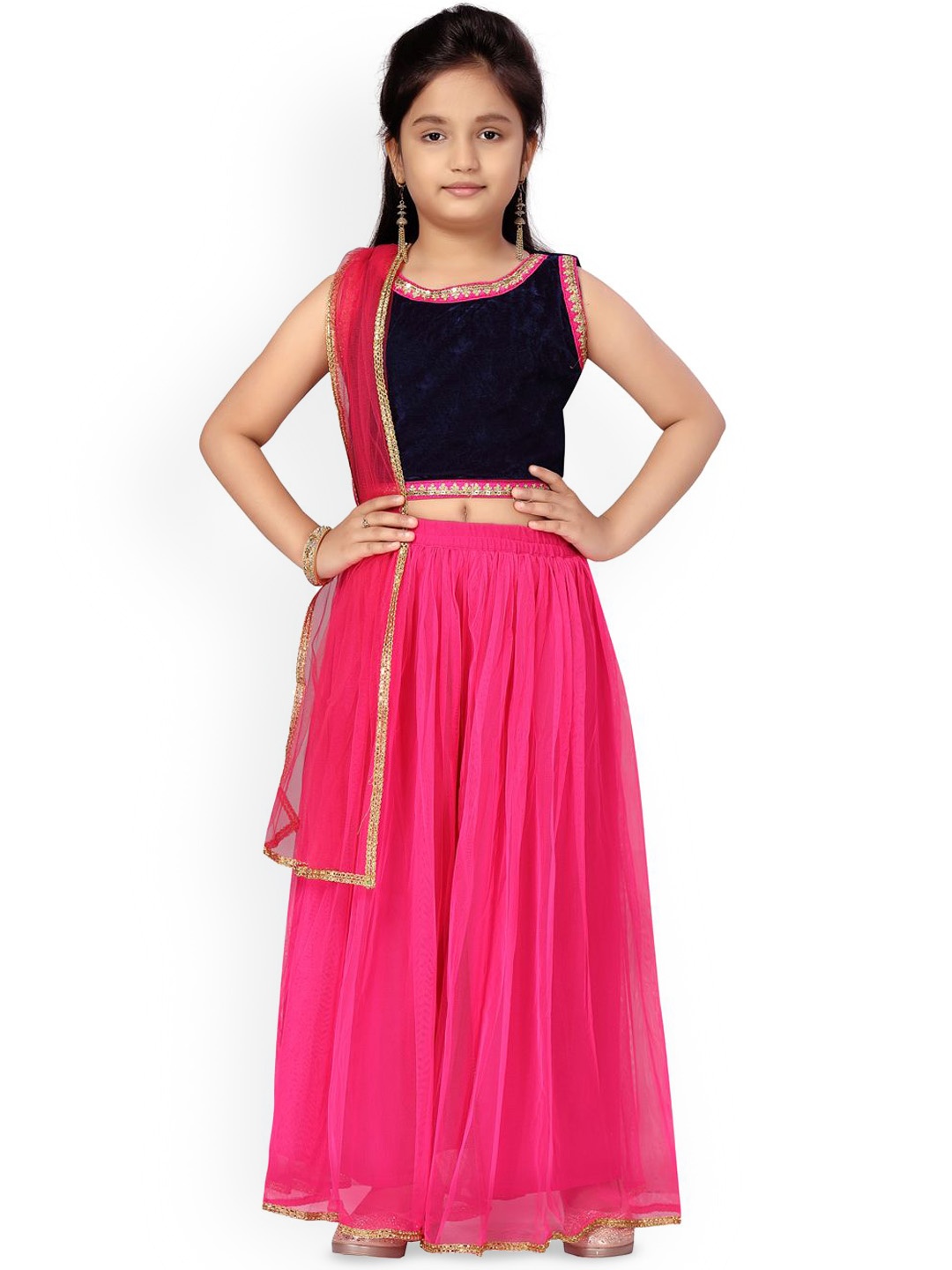 

BAESD Girls Embroidered Velvet Top & Palazzos With Dupatta Clothing Set, Navy blue