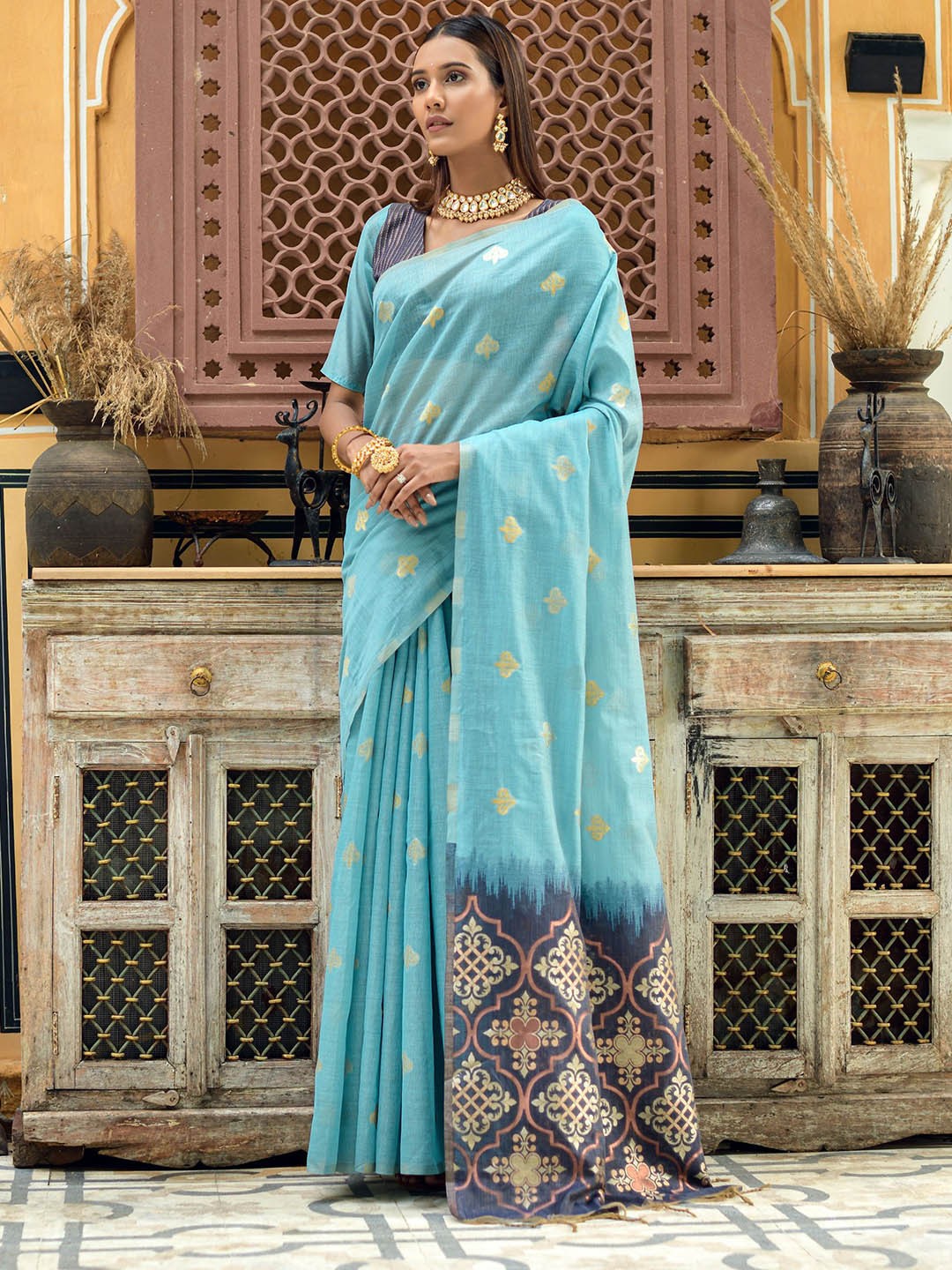 

Kandora Ethnic Motifs Zari Chanderi Saree, Blue