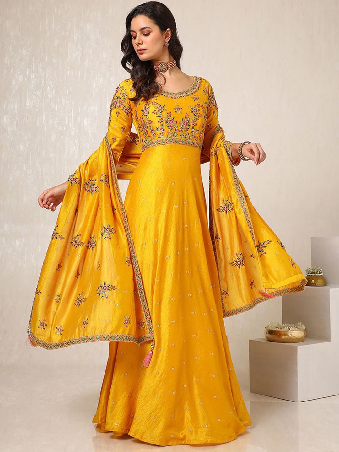 

Soch Floral Embroidered Regular Stones Work Georgette Kurta With Churidar With Dupatta, Yellow