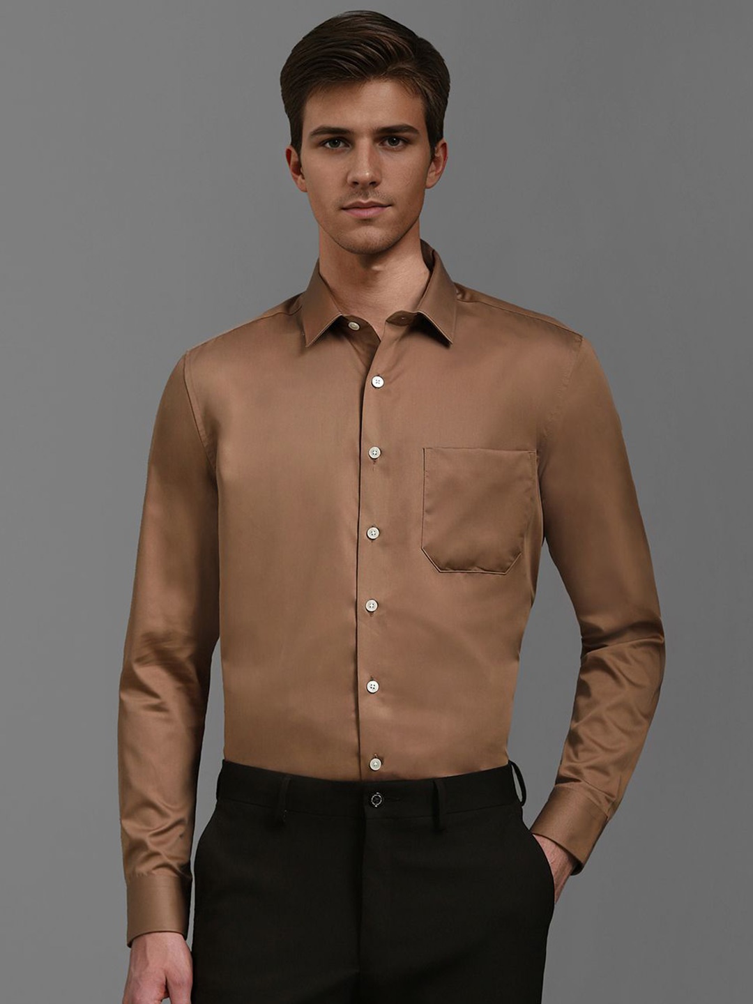 

Louis Philippe Men Spread Collar Solid Cotton Slim Fit Formal Shirt, Brown