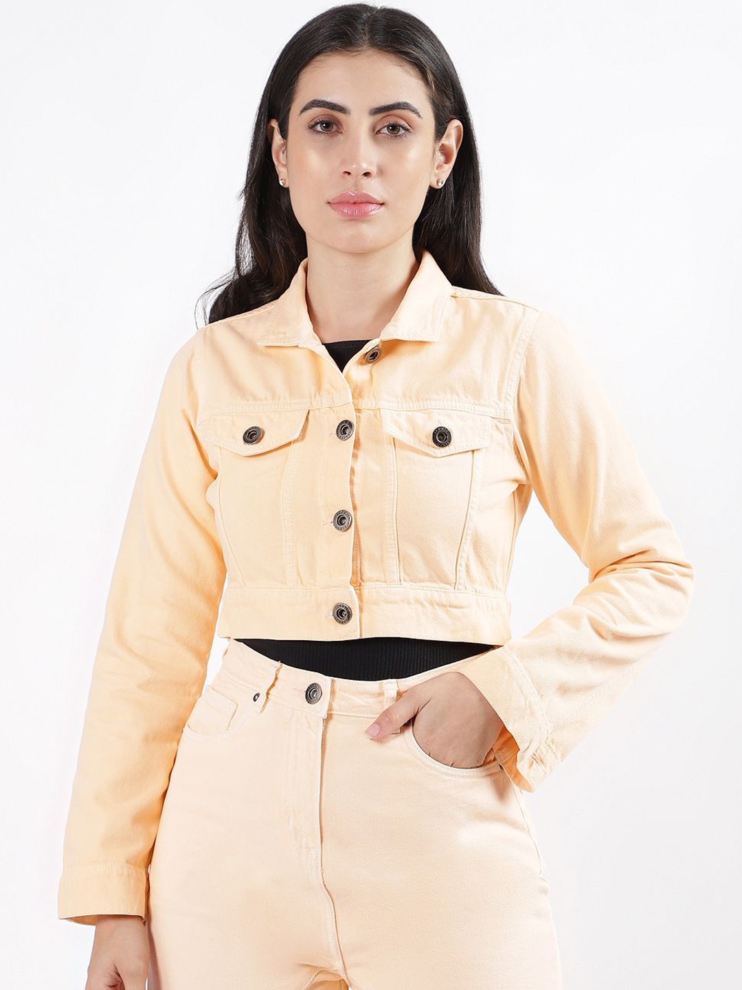 

Iconic Women Cotton Spread Collar Denim Jacket, Yellow