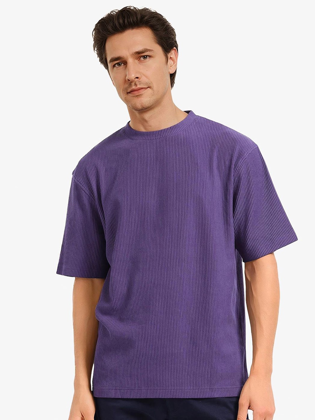 

RARE RABBIT Men Self Design Round Neck Cotton Oversized T-shirt, Purple