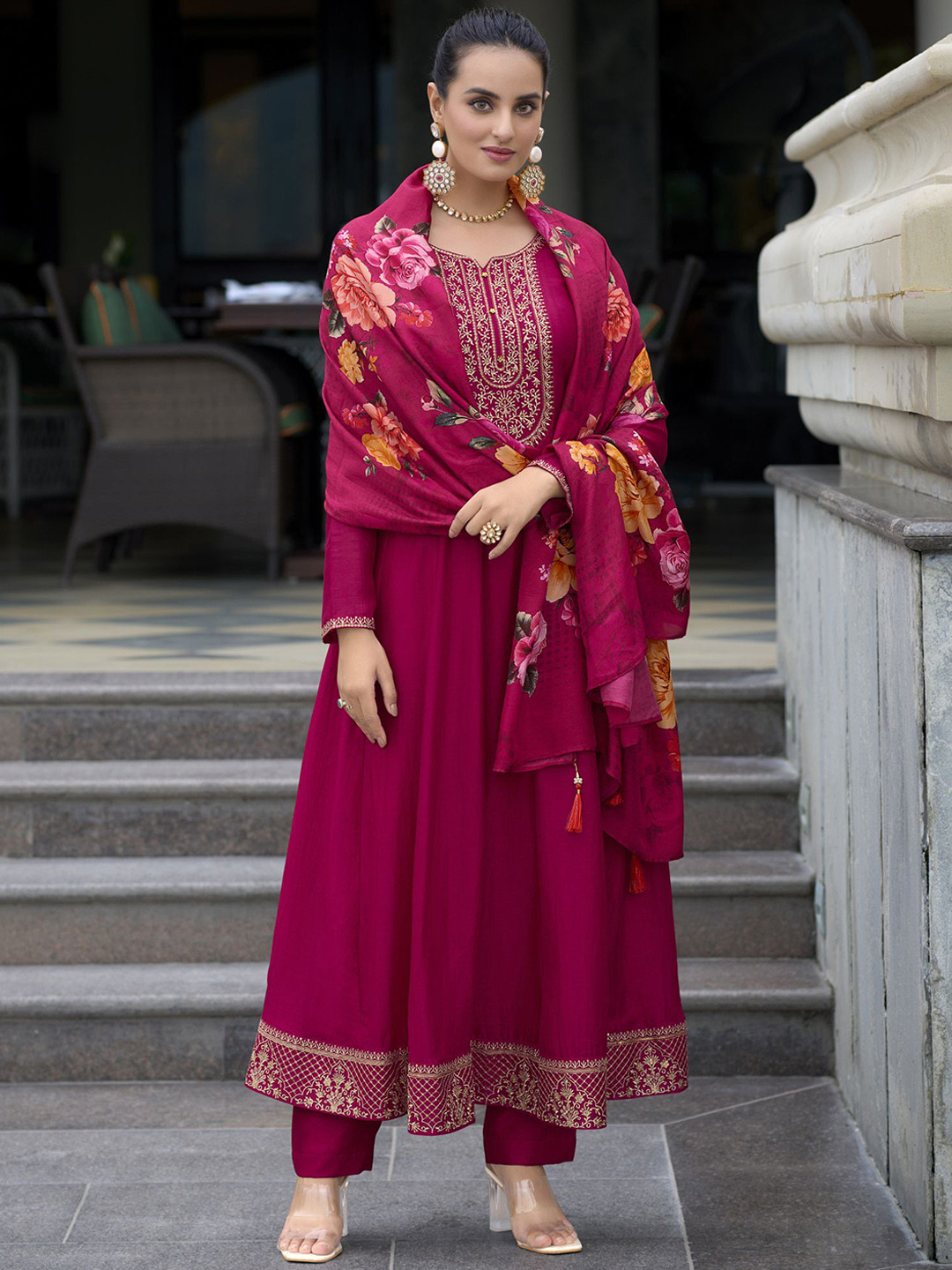 

MOJILAA Women Floral Embroidered Sequinned Anarkali Kurta with Trousers & Dupatta, Magenta