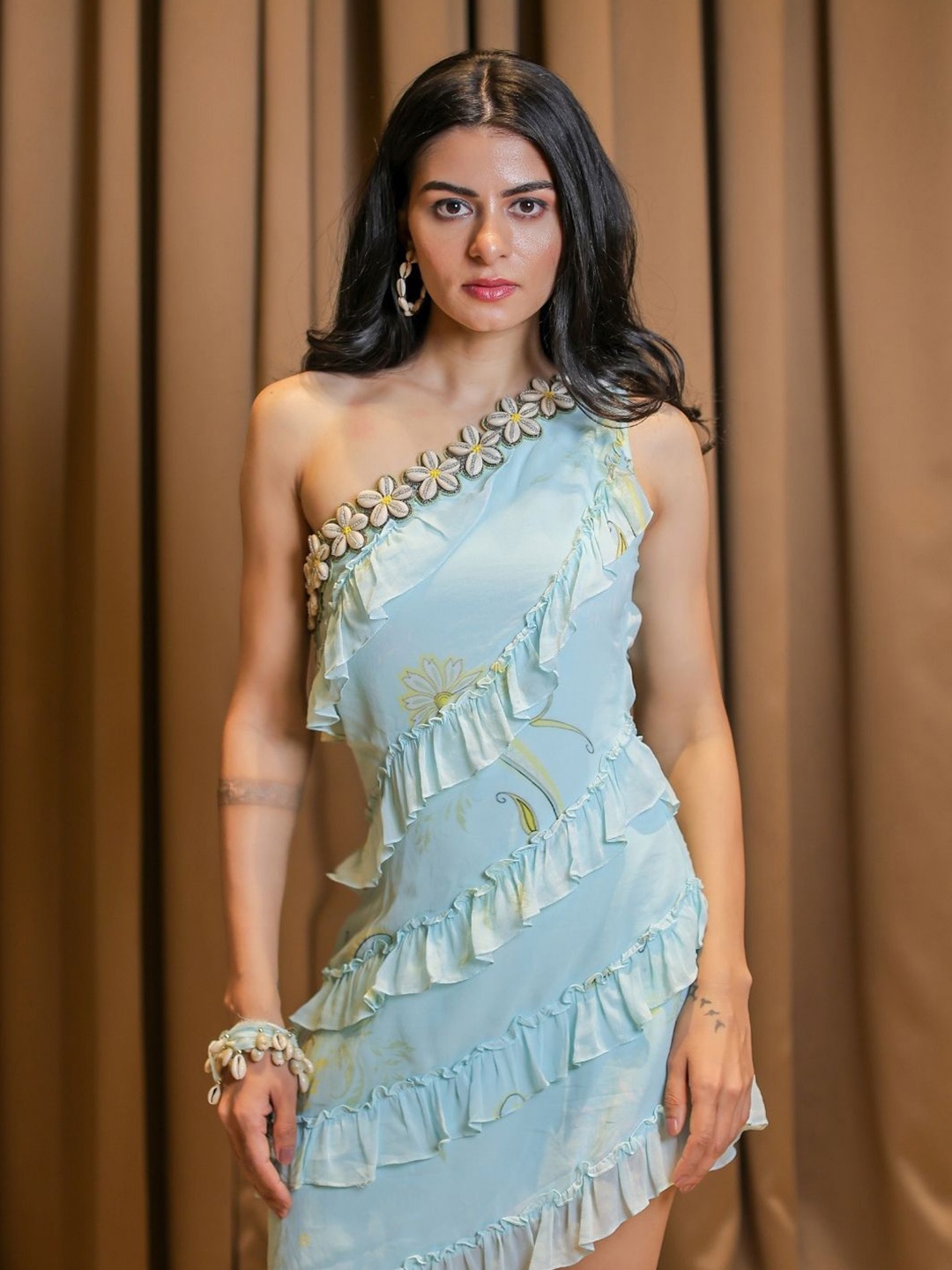 

Foram patel Blue Embroidered One Shoulder Ruffle Dress