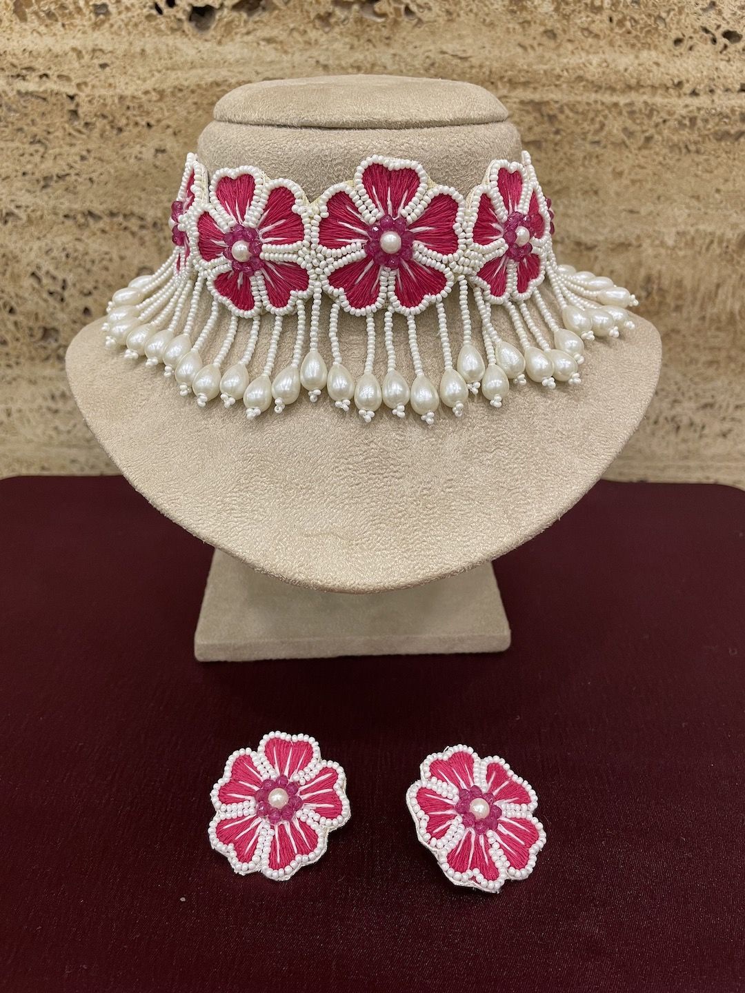 

Digital Dress Room Flower Beaded Studded Necklace & Earrings, Pink