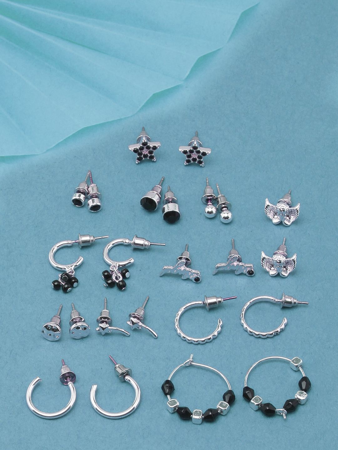 

KPOP Set Of 12 Silver-Plated Contemporary Rhinestone Studded Drop Earrings