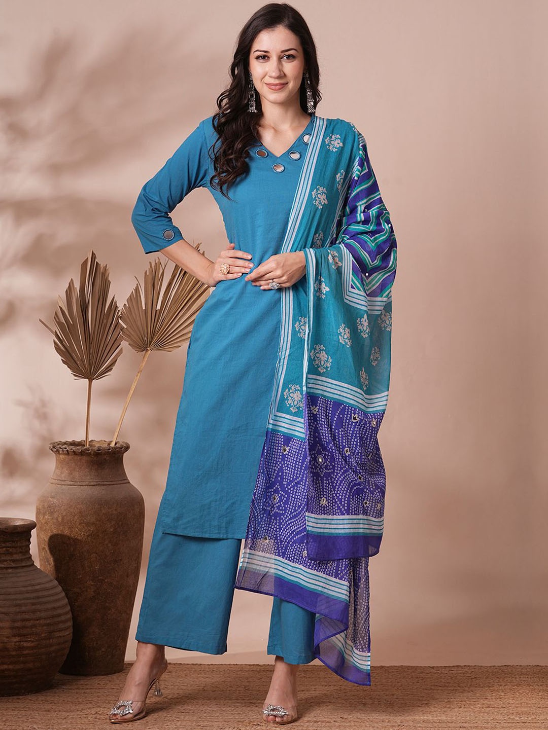 

FASHOR Women Embroidered Regular Mirror Work Pure Cotton Kurta with Palazzos & Dupatta, Blue