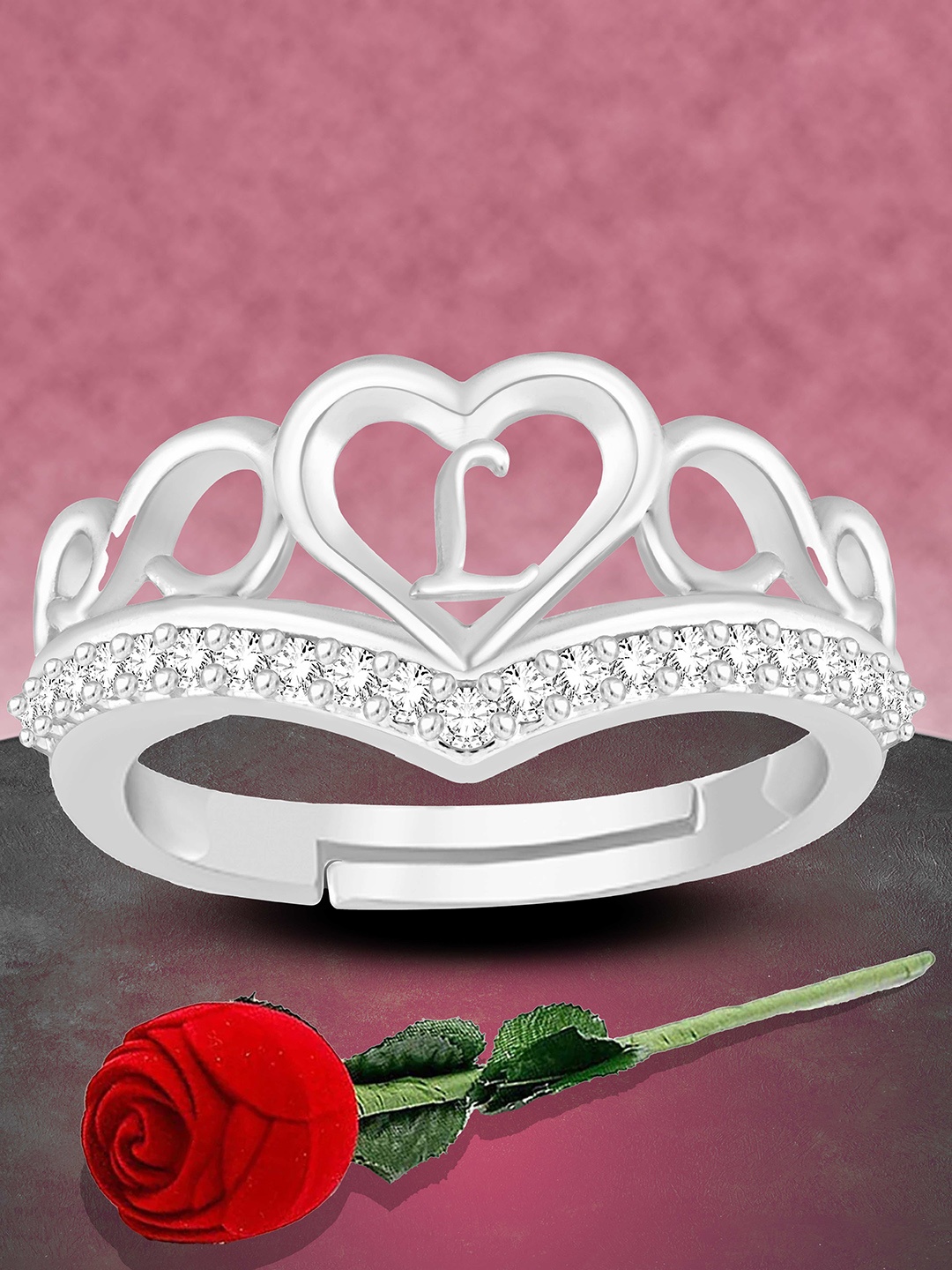 

Heer Collection Unisex Silver-Plated AD Studded Alphabet L Heart Shaped Finger Ring