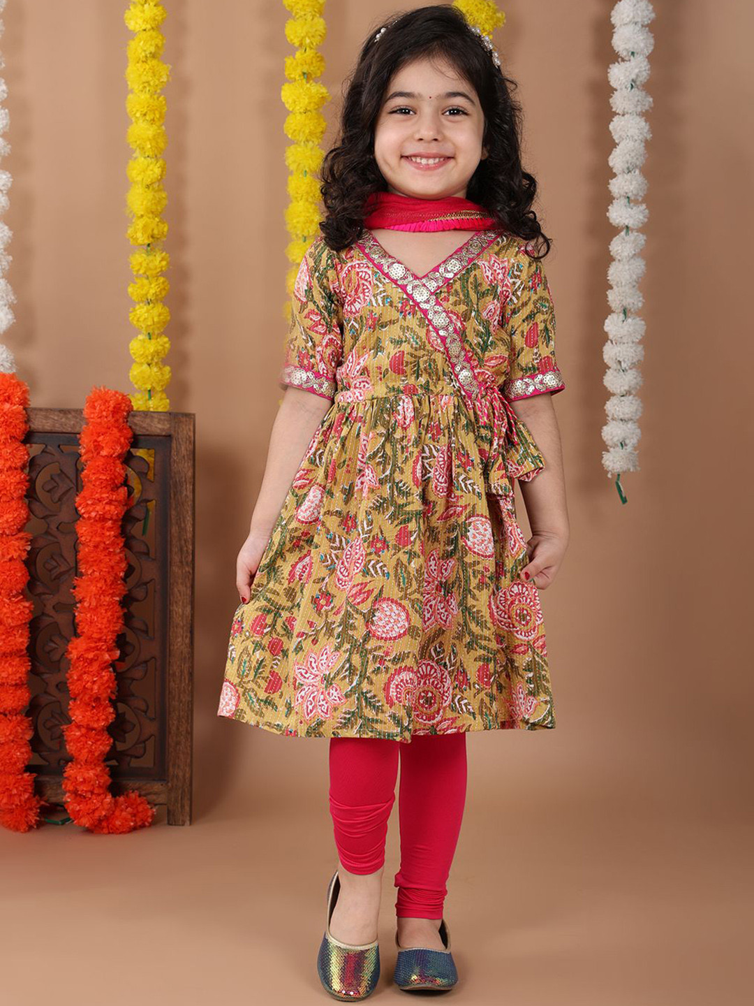 

Here&Now X Kinder Kids Girls Floral Printed Pure Cotton Kurta leggings With Dupatta, Pink
