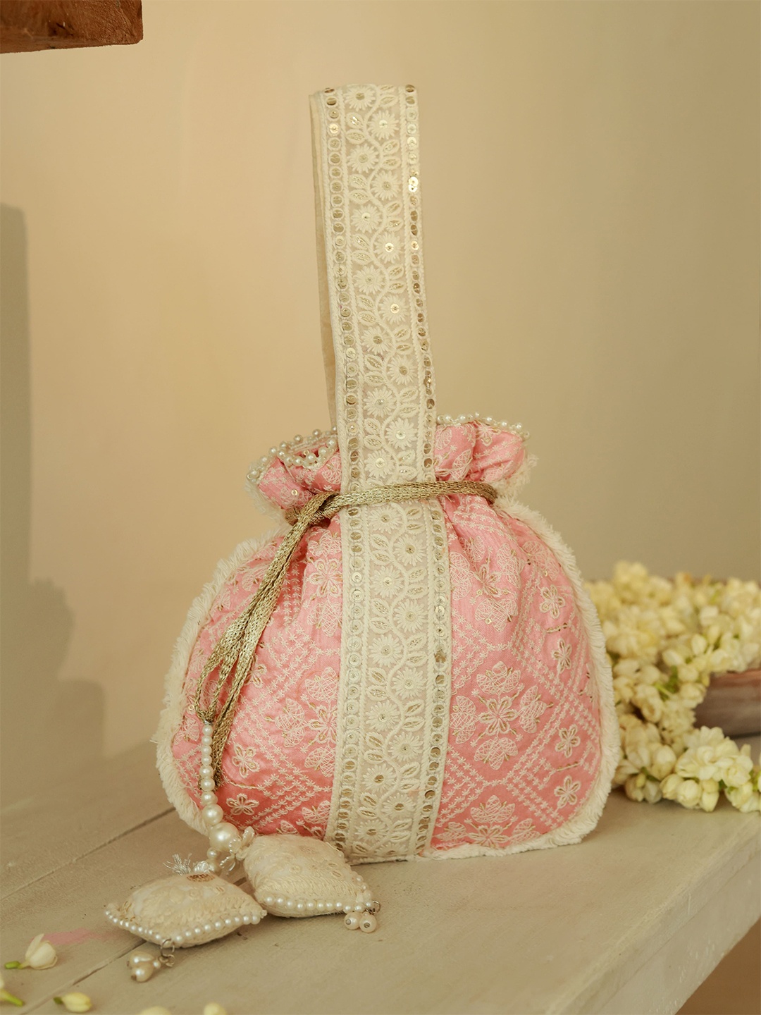 

THE TAN CLAN Embroidered Potli Clutch, Pink