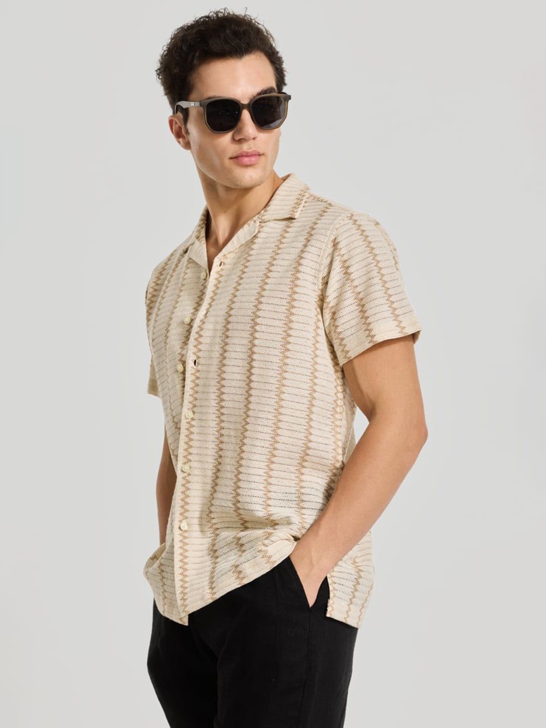 

Snitch Men Relaxed Cuban Collar Vertical Striped Cotton Casual Shirt, Beige