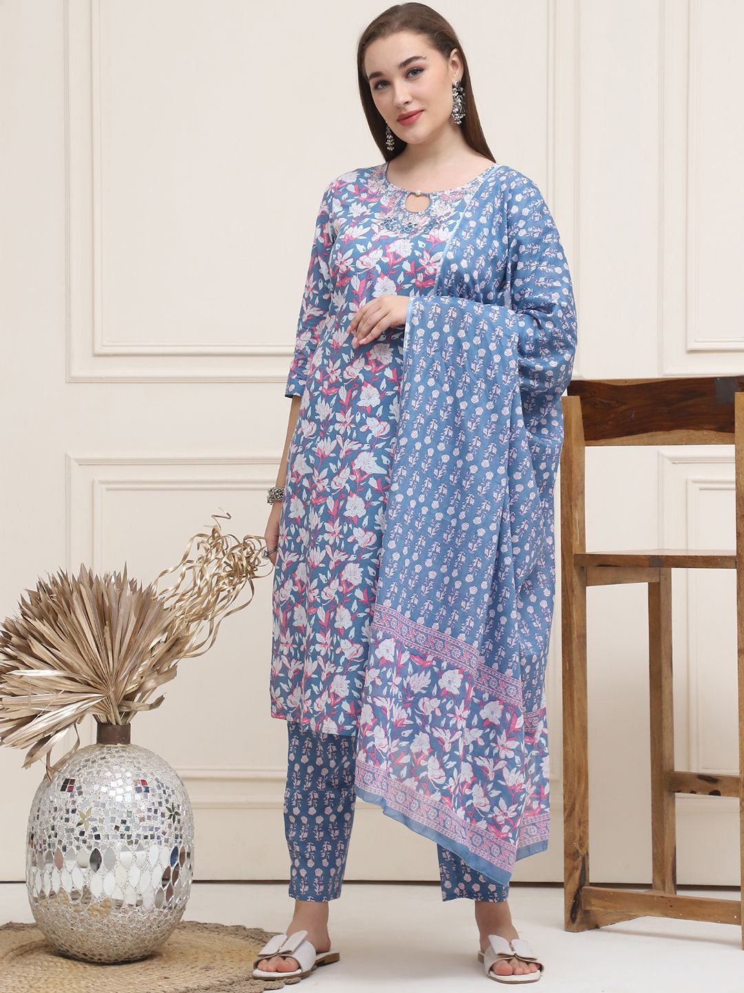 

Frempy Women Kurta with Trousers & Dupatta, Blue