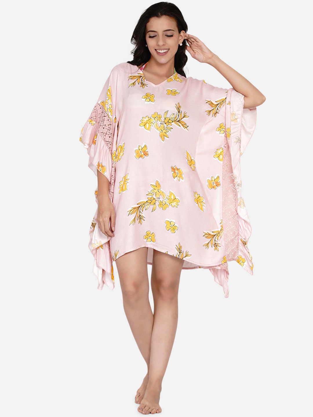 

The Kaftan Company Pastel Ruffled Floral Kaftan Dress, Pink