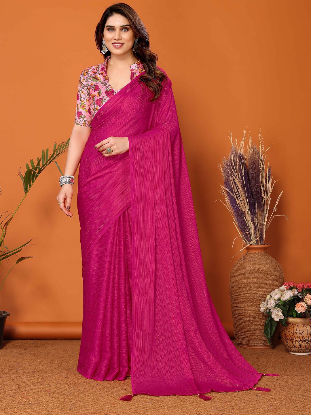 

Shee Star Women Striped Festive Saree With Blouse Piece, Pink