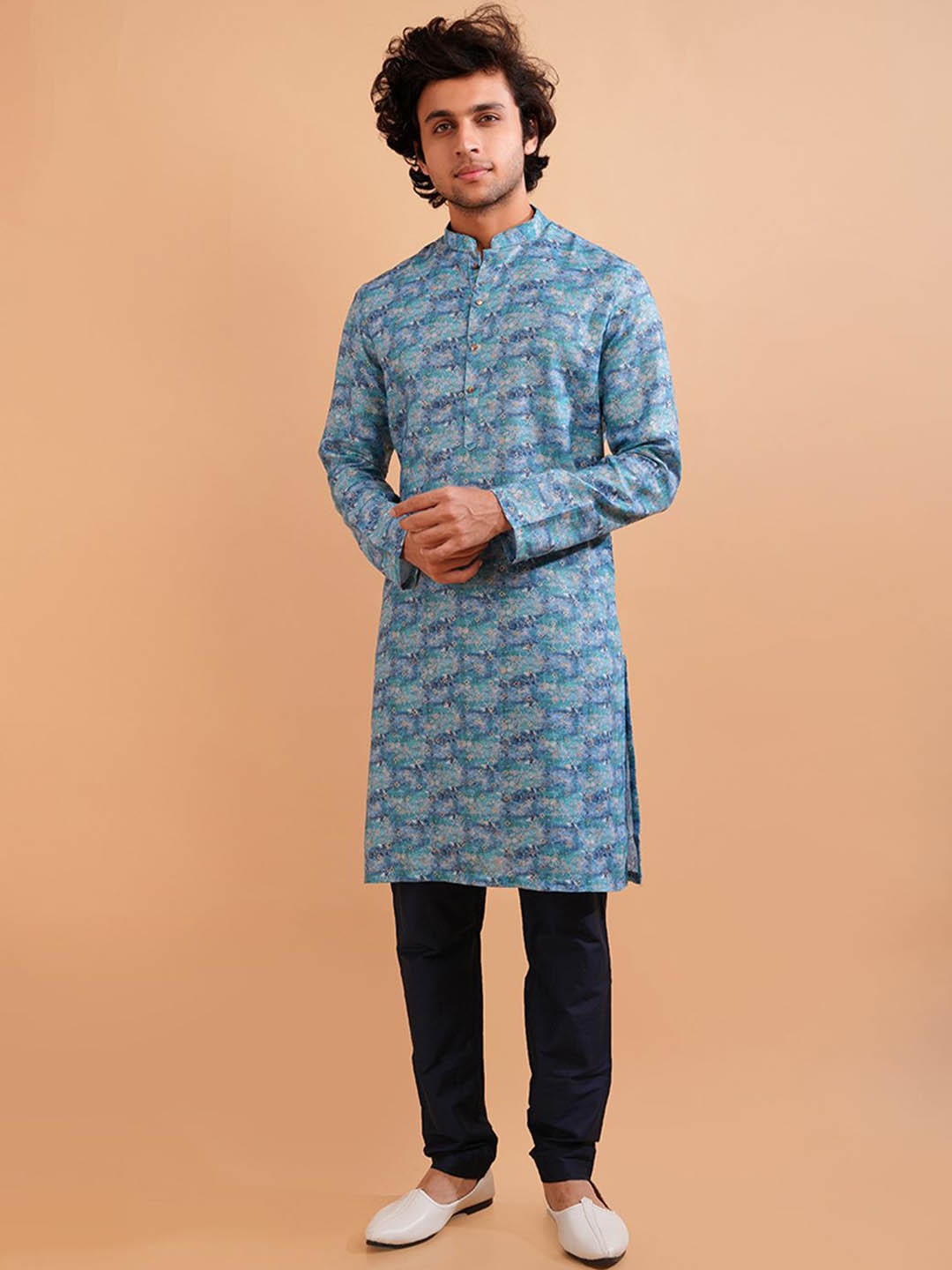 

azania Men Paisley Printed Thread Work Kurta, Blue