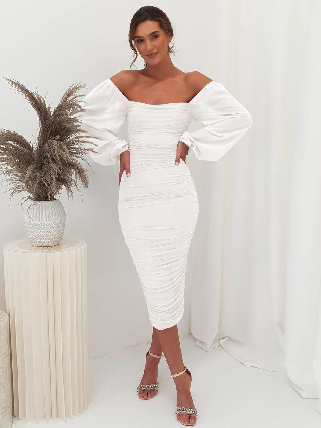 

HERE&NOW Ruched Bodycon Midi Dress, White