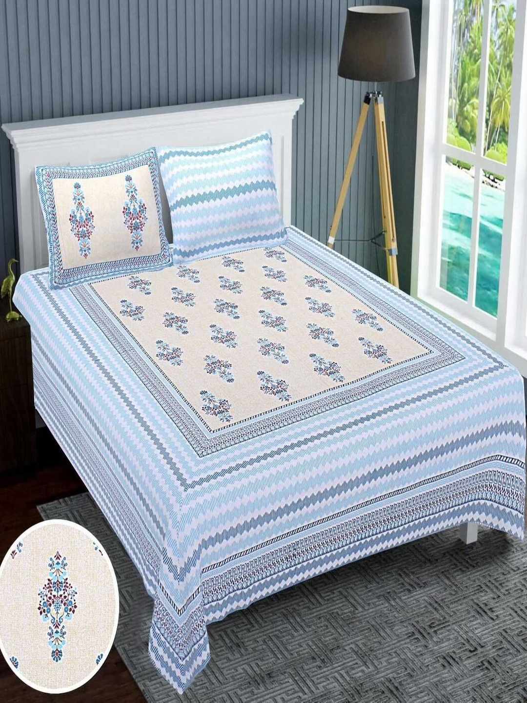 

Runjhun Blue & Off White Floral King Bedsheet with 2 Pillow Covers