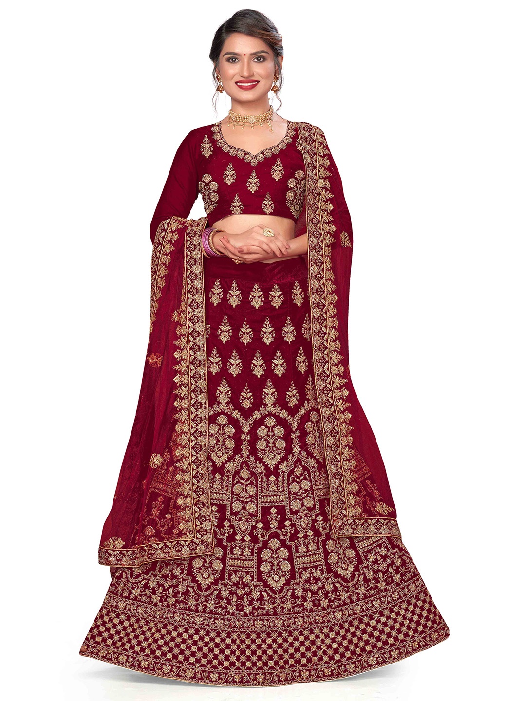 

Maroosh Embroidered Thread Work Unstitched Lehenga & Blouse With Dupatta, Maroon