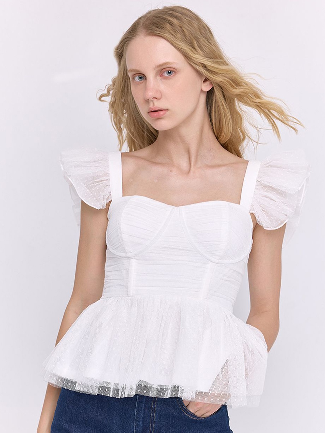 

COVER STORY Women Self Design Sweetheart Neck Top, Off white
